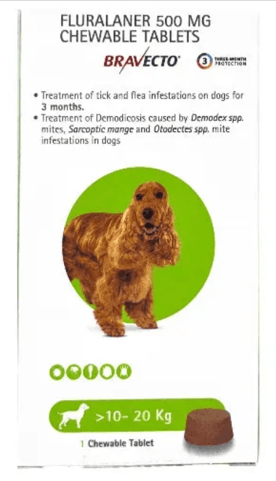 MSD Animal Health Bravecto 500mg (Fluralaner) Dog Tick & Flea Control Tablet (10 to 20 kg) (1 tablet)