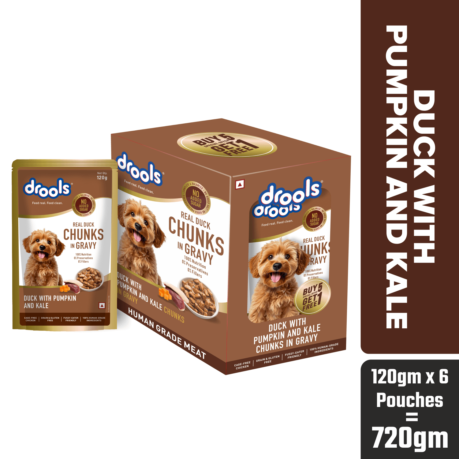 Duck with Pumpkin & Tomato Chunks In Gravy Dog Wet Food, for Adult Dogs, 120g (5+1 Pack)