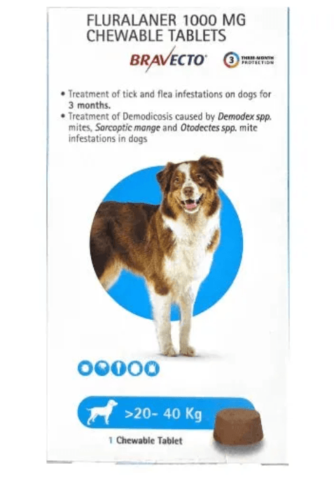 MSD Animal Health Bravecto 1000mg (Fluralaner) Dog Tick & Flea Control Tablet (20 to 40 kg) (1 tablet)