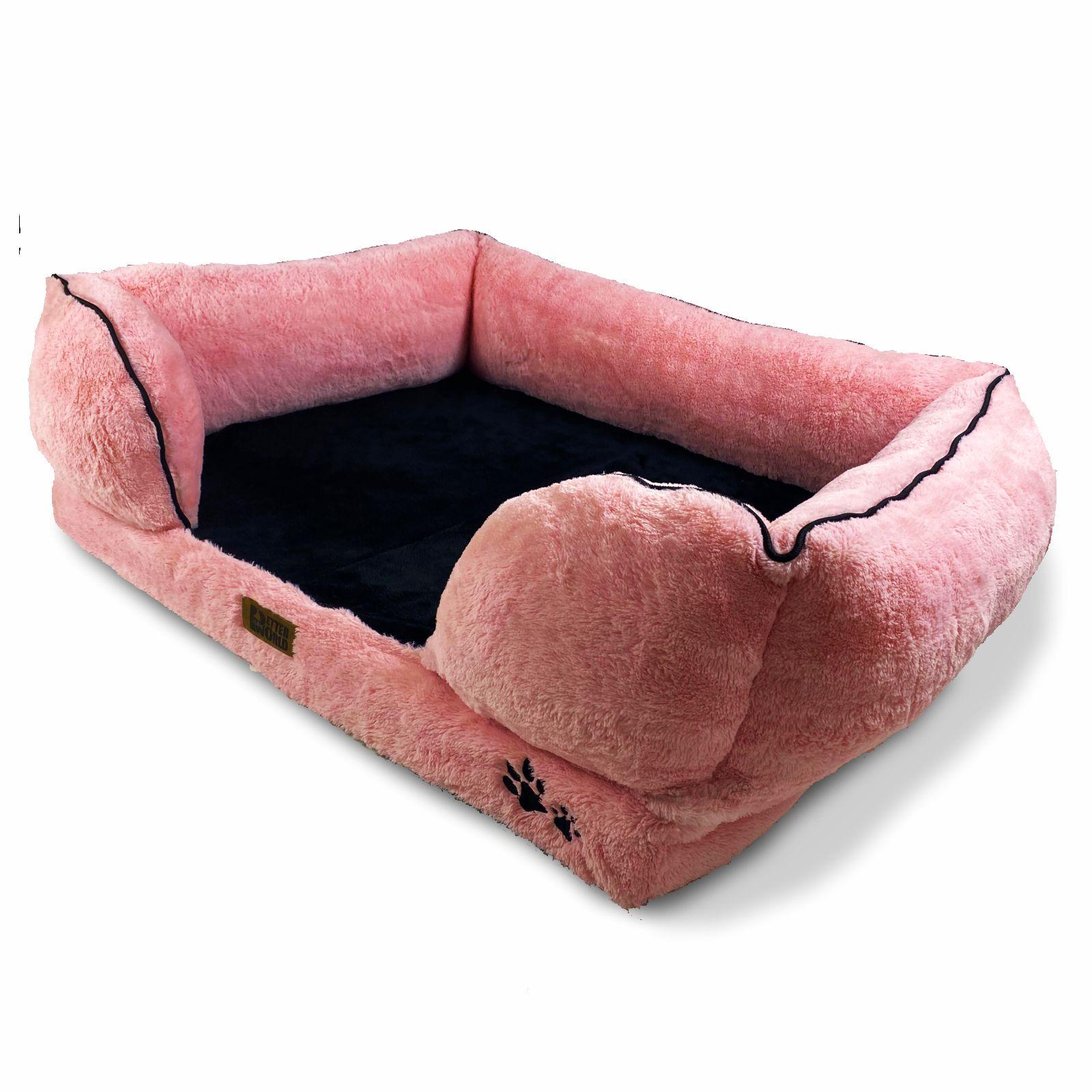 All Weather Ultra Luxury Micro Fur Orthopedic Dog Sofa Bed with Sherpa Fur Cushion Top and Convoluted Foam Base for Pressure Relief and Calming Effect, Millennial Pink