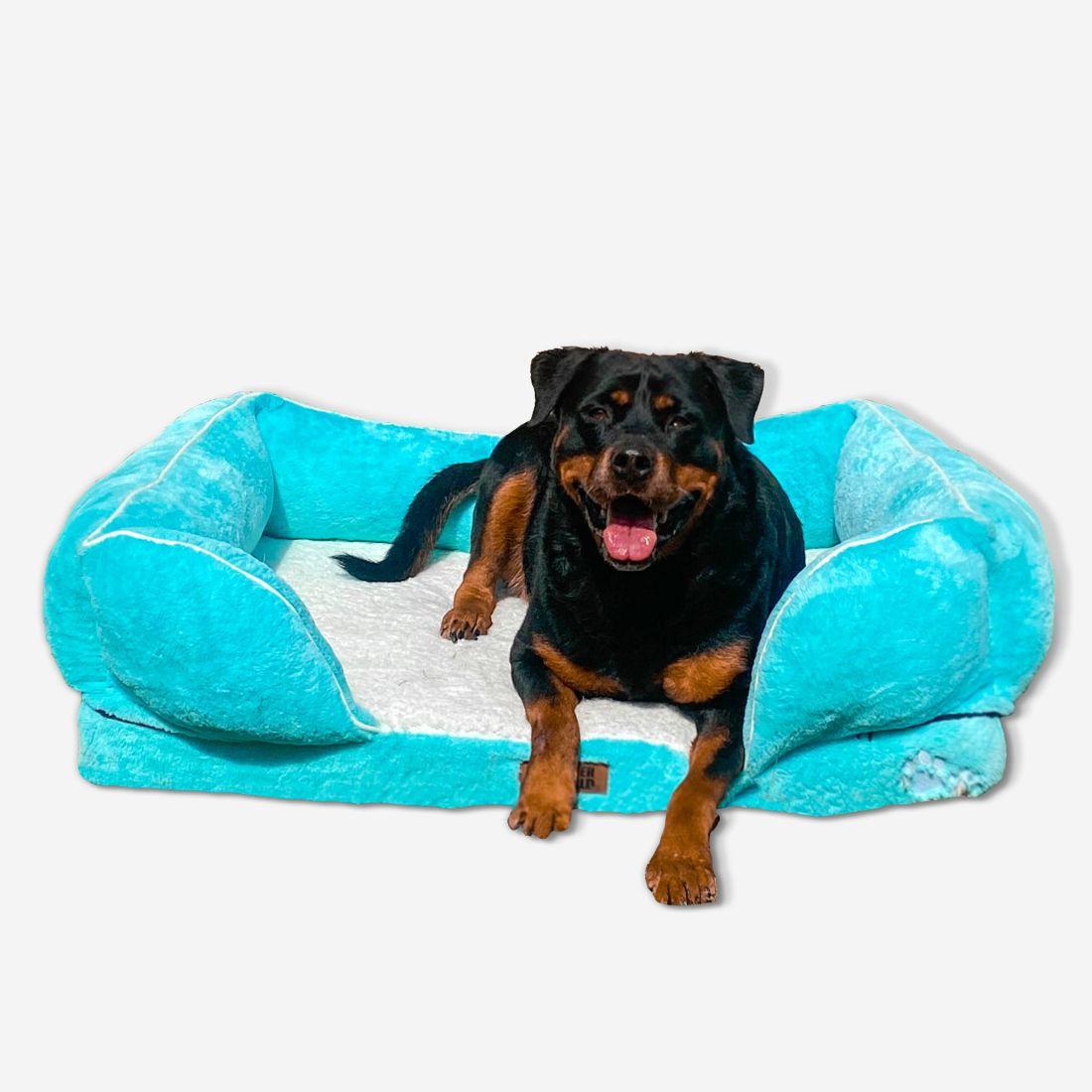 All Weather Ultra Luxury Micro Fur Orthopedic Dog Sofa Bed with Sherpa Fur Cushion Top and Convoluted Foam Base for Pressure Relief and Calming Effect, Turquoise