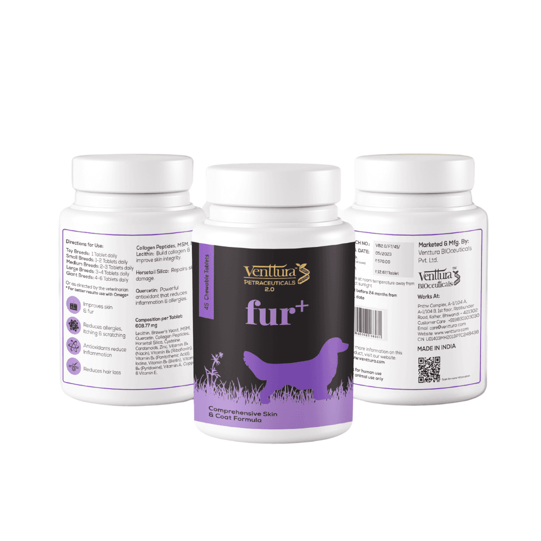 Venttura Fur+ Chewable Tablets for Dogs | Pet Supplements to Improve Skin and Healthy Coat | Reduce Hair Loss and Dandruff | Dog Supplements for All Life Stages (45 Tablets)