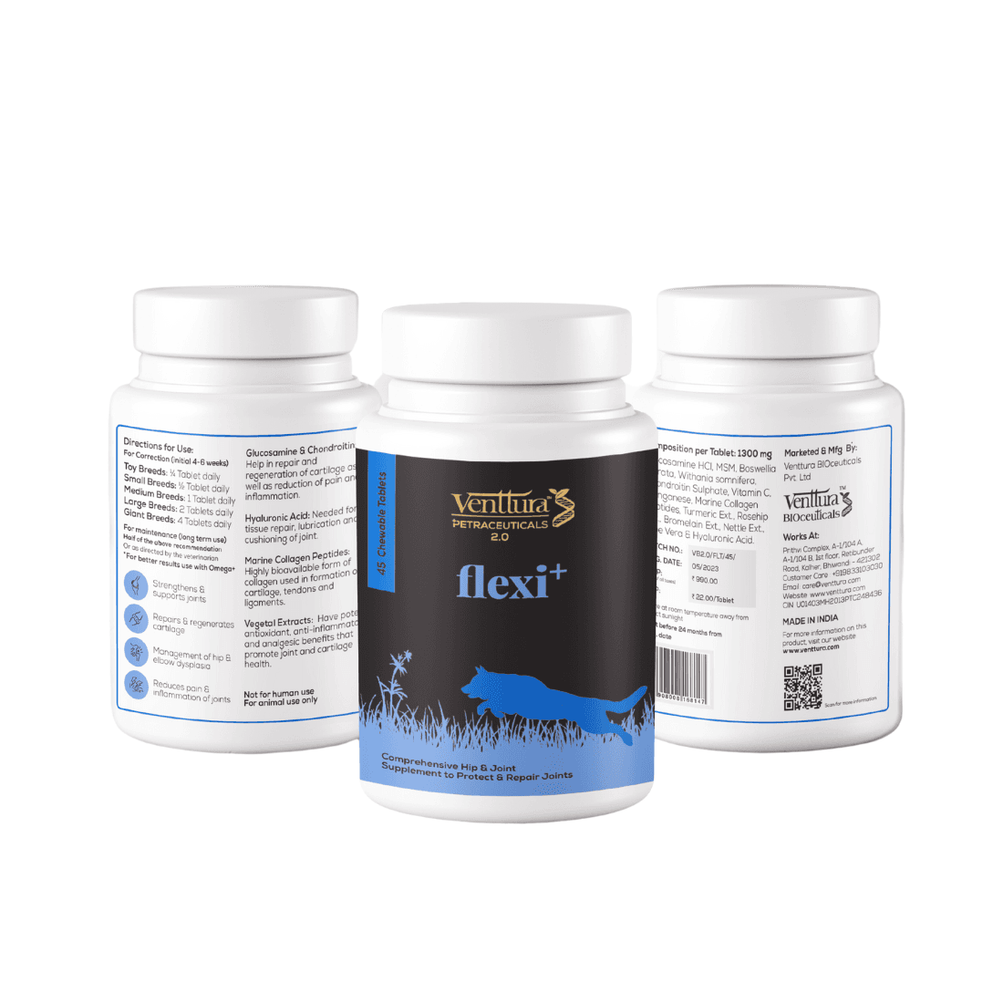 Venttura Petraceuticals Flexi+ Hip & Joint Supplement For Dogs | Strengthen Joints | Repairs Cartilage | Joint Health Support | Dog Supplements For All Life Stages | (45 Chewable Tablets)
