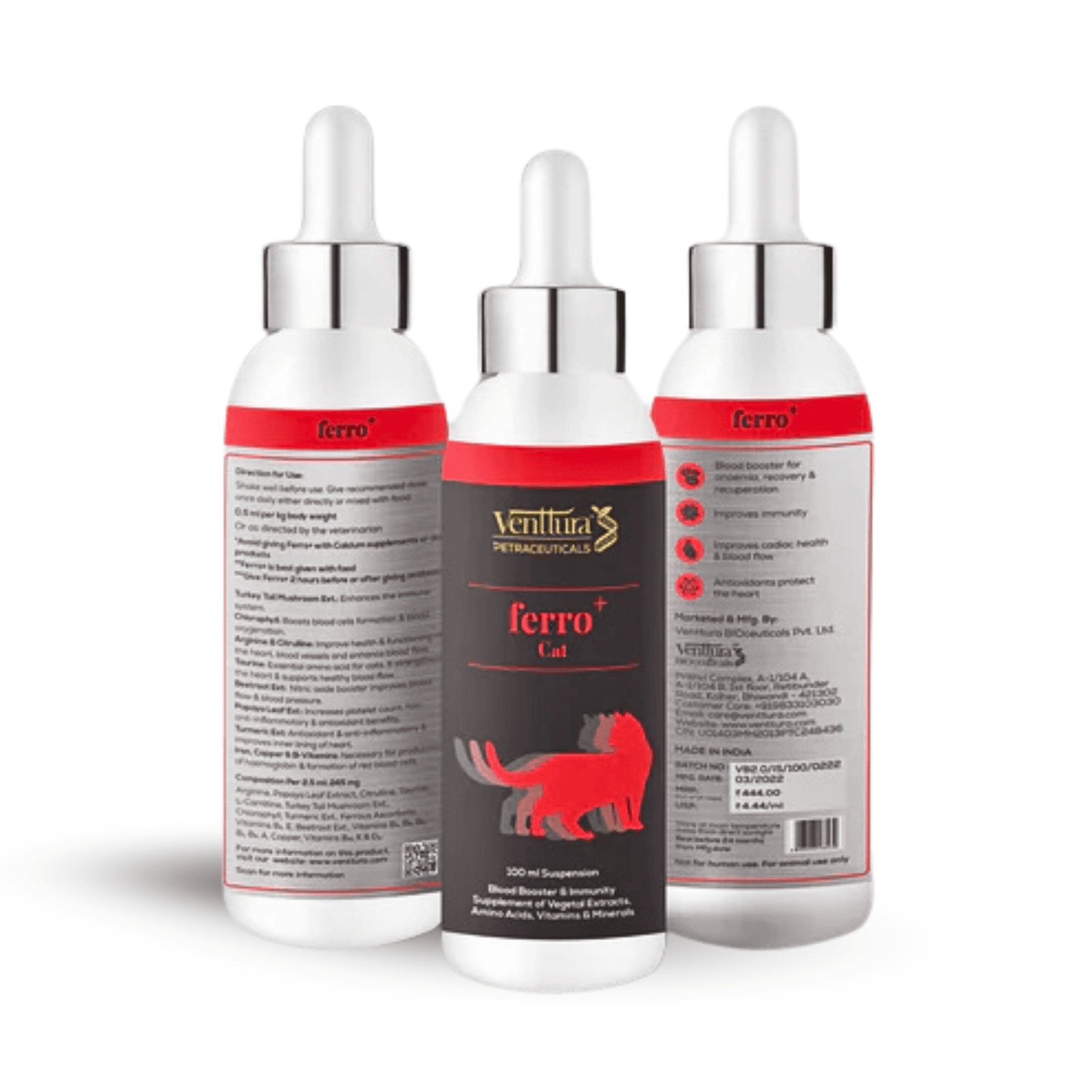 Venttura Ferro+ Cat Supplement for Cats | Blood Booster & Immunity Supplement of Vegetal Extracts | Amino Acids, Vitamins & Minerals | (100 ml Suspension)