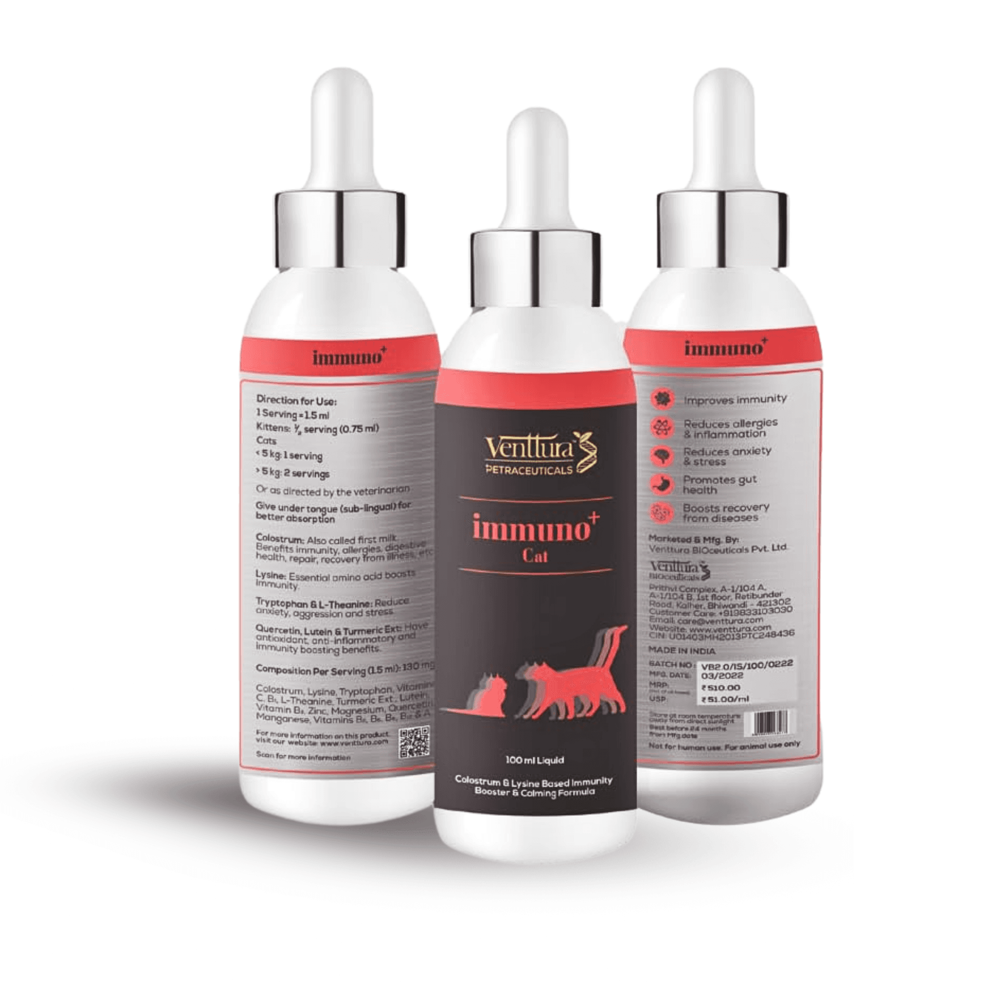 Venttura Petraceuticals immuno+ Cat Immunity Booster & Calming Supplement for Cats | Supplement for Better Health & Strength | immuno+ Cat (100 Ml Suspension)